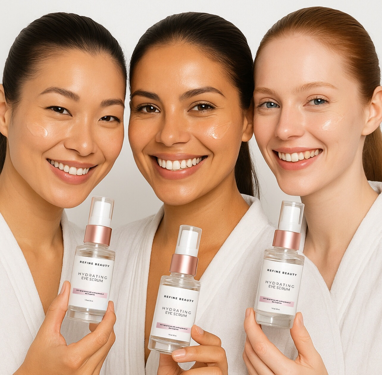 Three models wearing white rubes smiling and holding REFINE BEAUTY Hydrating Eye Serum