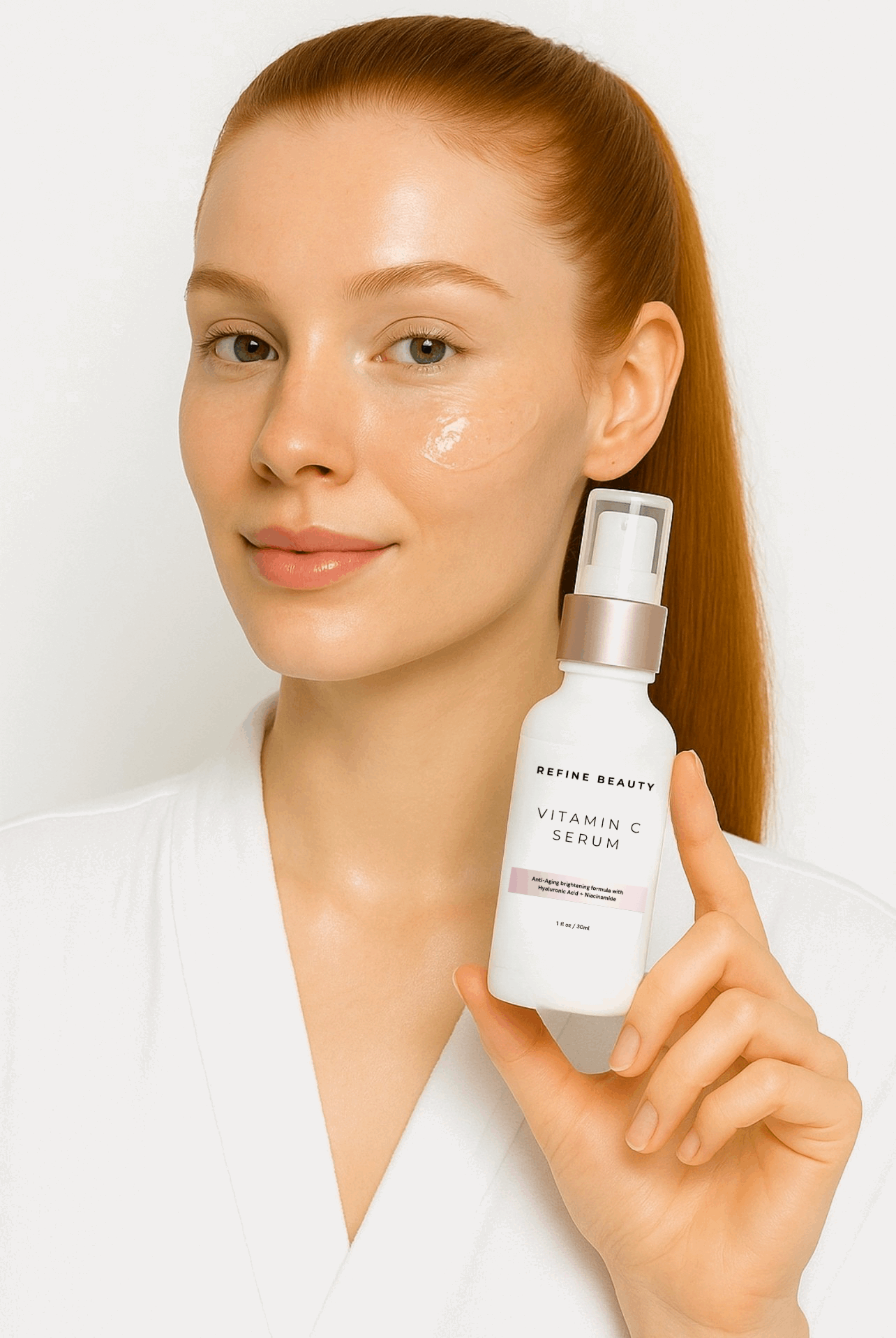 A model with red hair holding Vitamin C Serum with Hyaluronic Acid + Niacinamide on white background