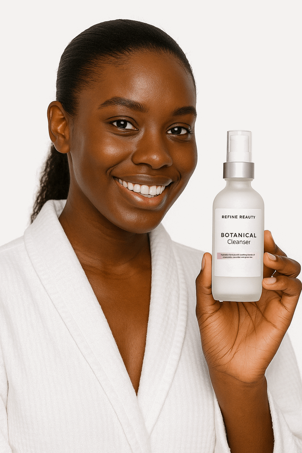 Model wearing a white robe and tight ponytail holding REFINE BEAUTY Botanical Cleanser