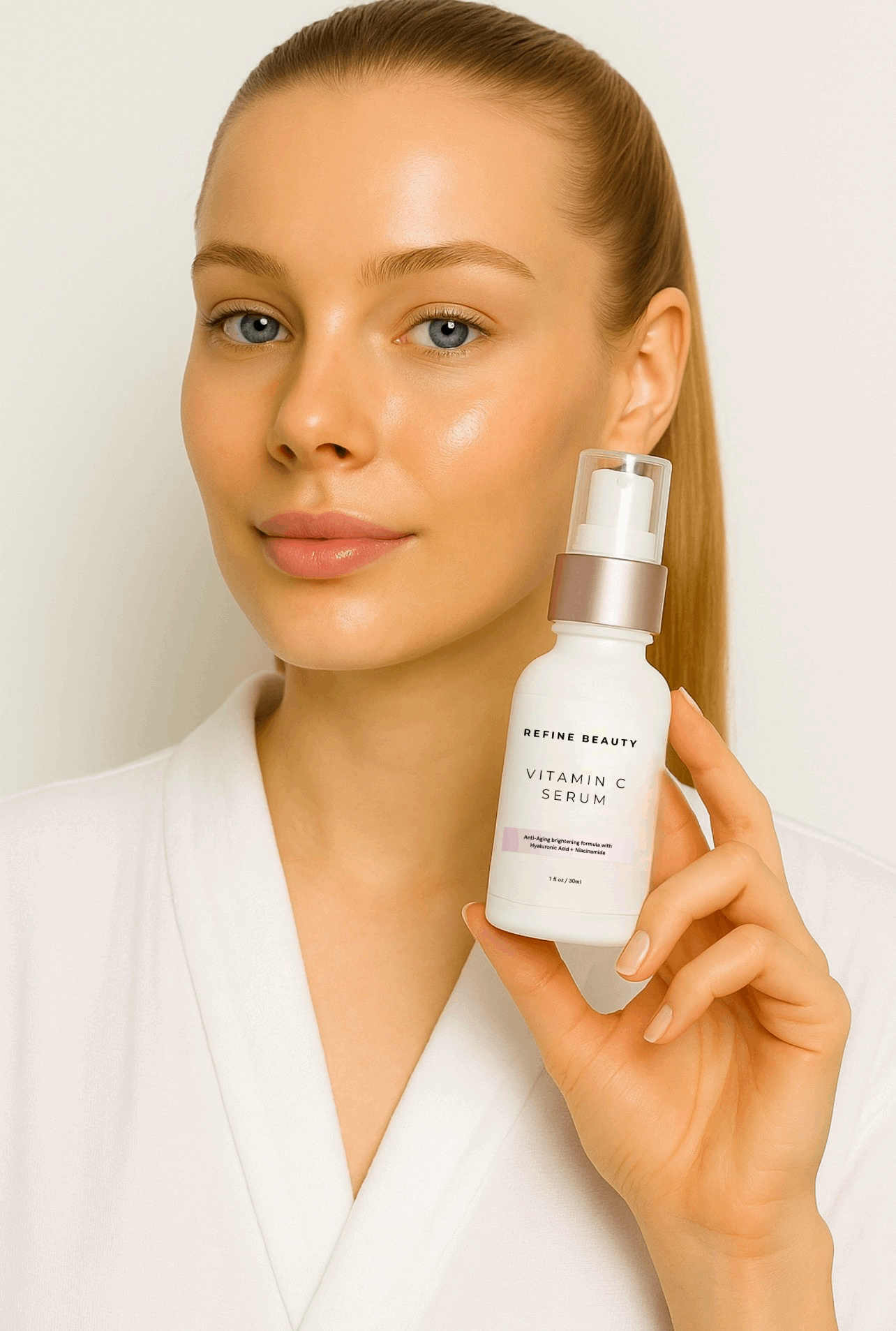A model holding Vitamin C Serum with Hyaluronic Acid + Niacinamide on white background