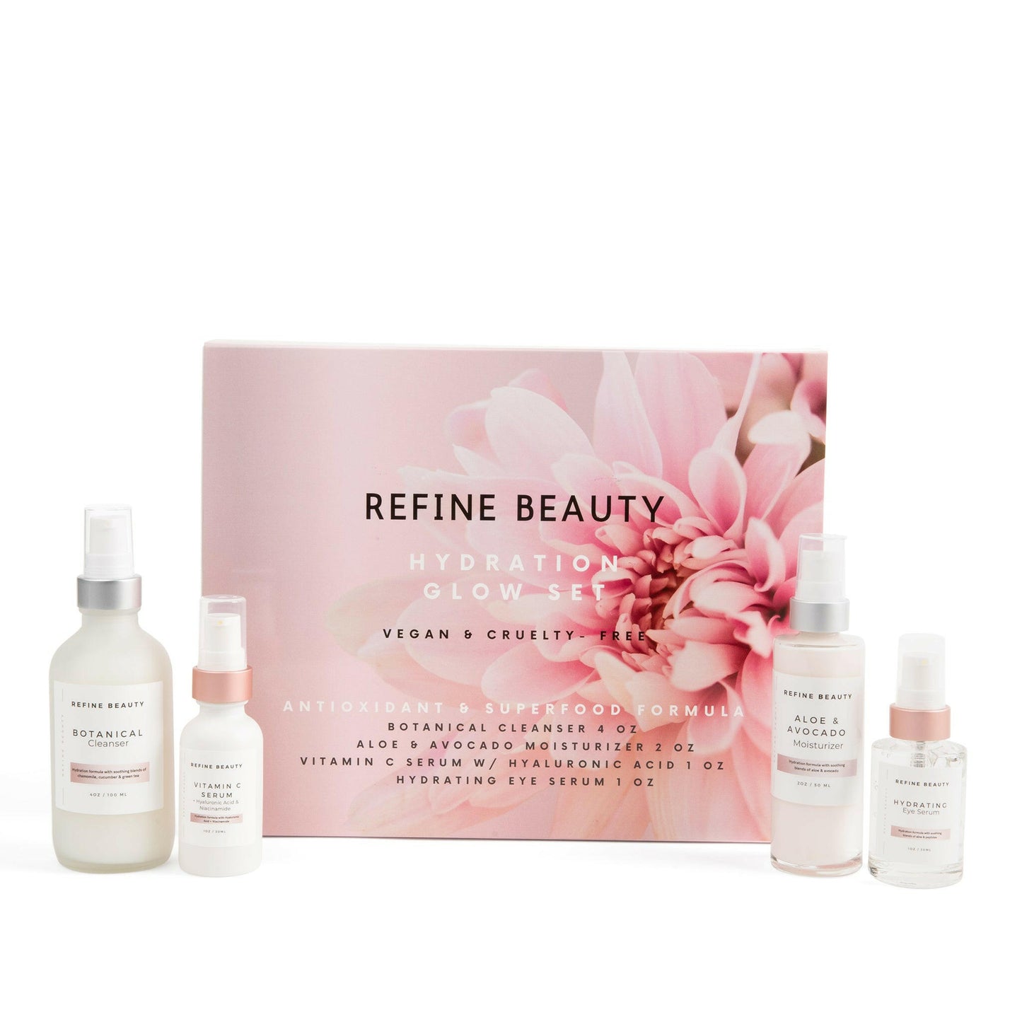 Refine Beauty Hydration Glow set featuring the Botanical Cleanser, Aloe & Avocado moisturizer, Hydrating Eye Serum and Vitamin C Serum with Hyaluronic Acid and Niacinamide