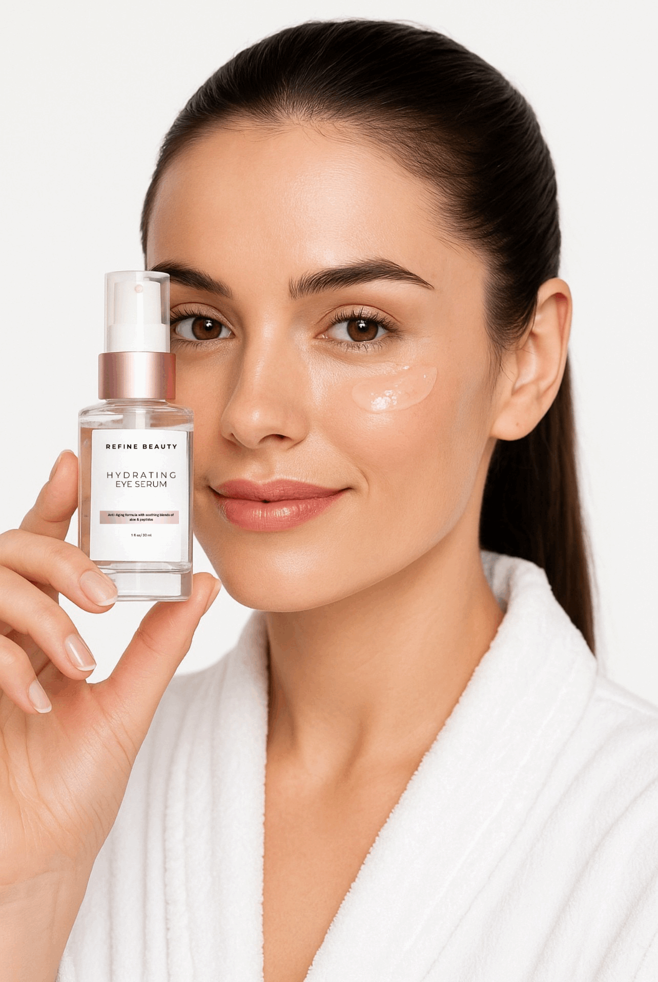 Model wearing white robe holding  REFINE BEAUTY Hydrating Eye Serum