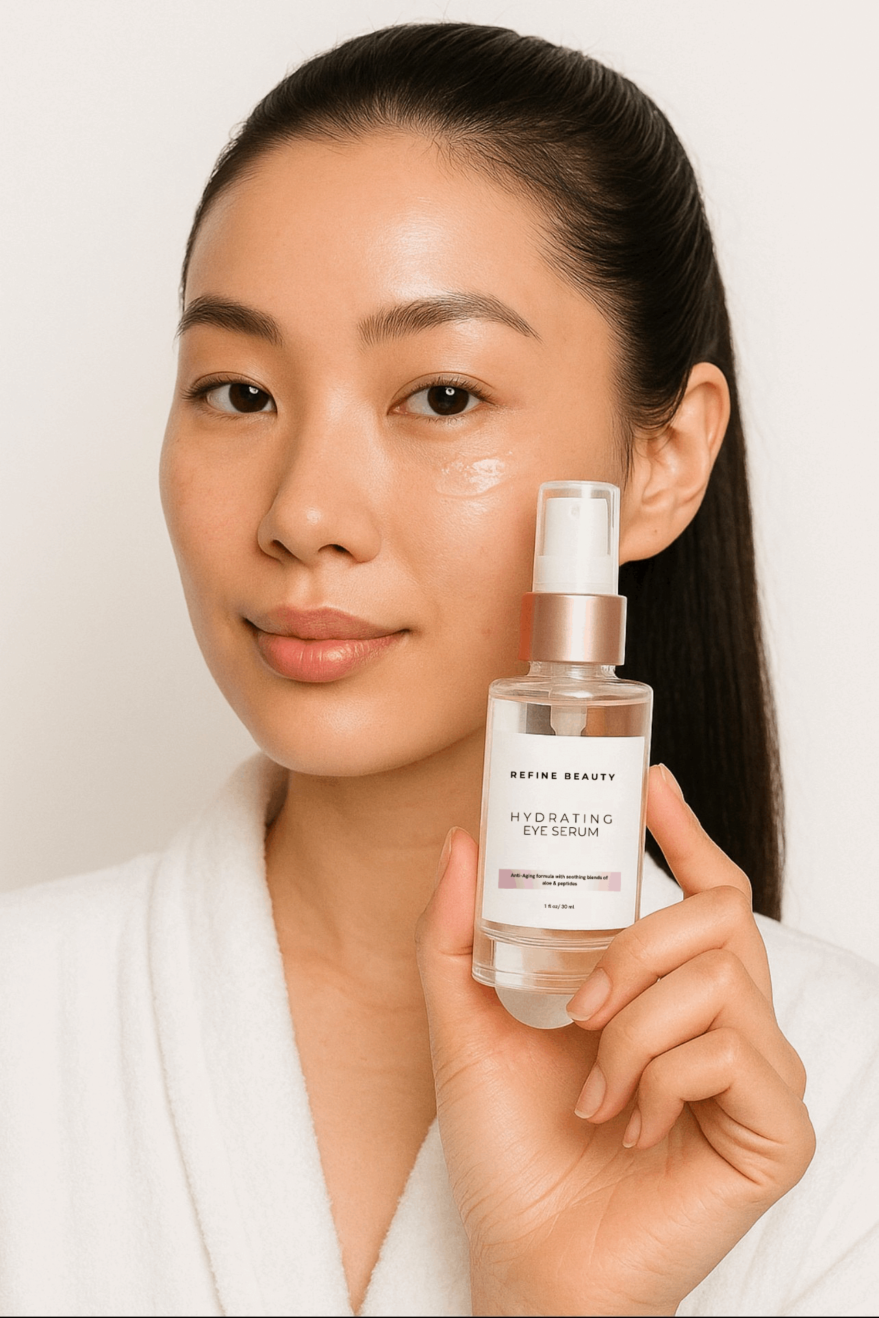 Model holding REFINE BEAUTY Hydrating Eye Serum with a tight ponytail and white robe