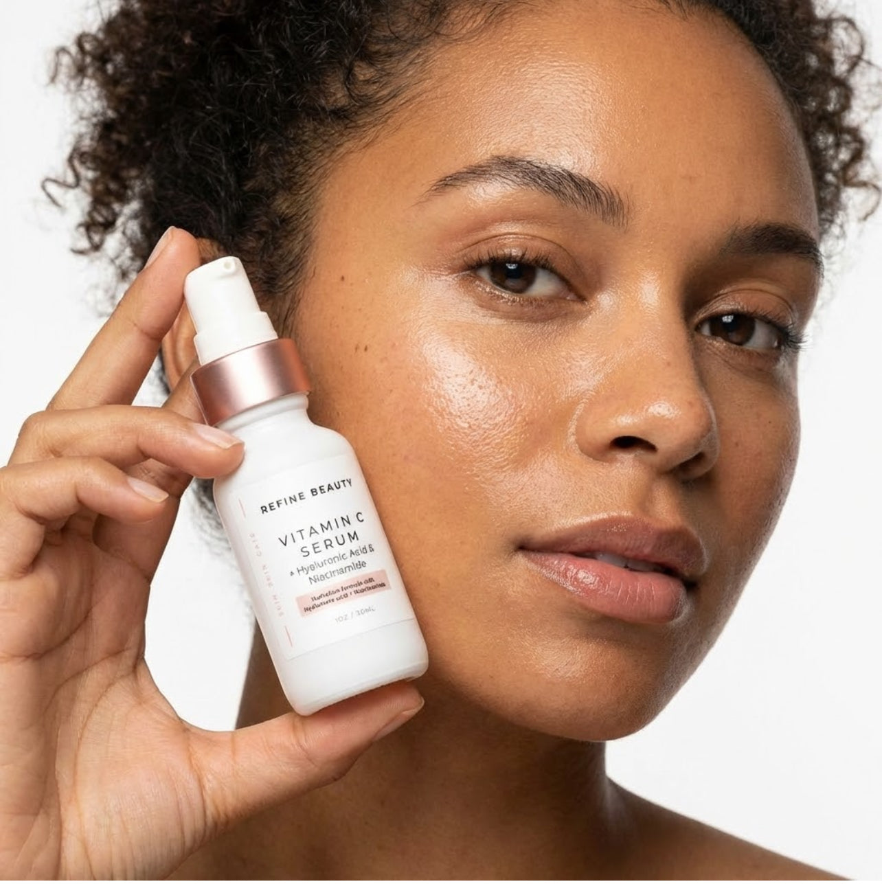 Woman holding Refine Beauty Vitamin C Serum skincare serum bottle with a neutral background