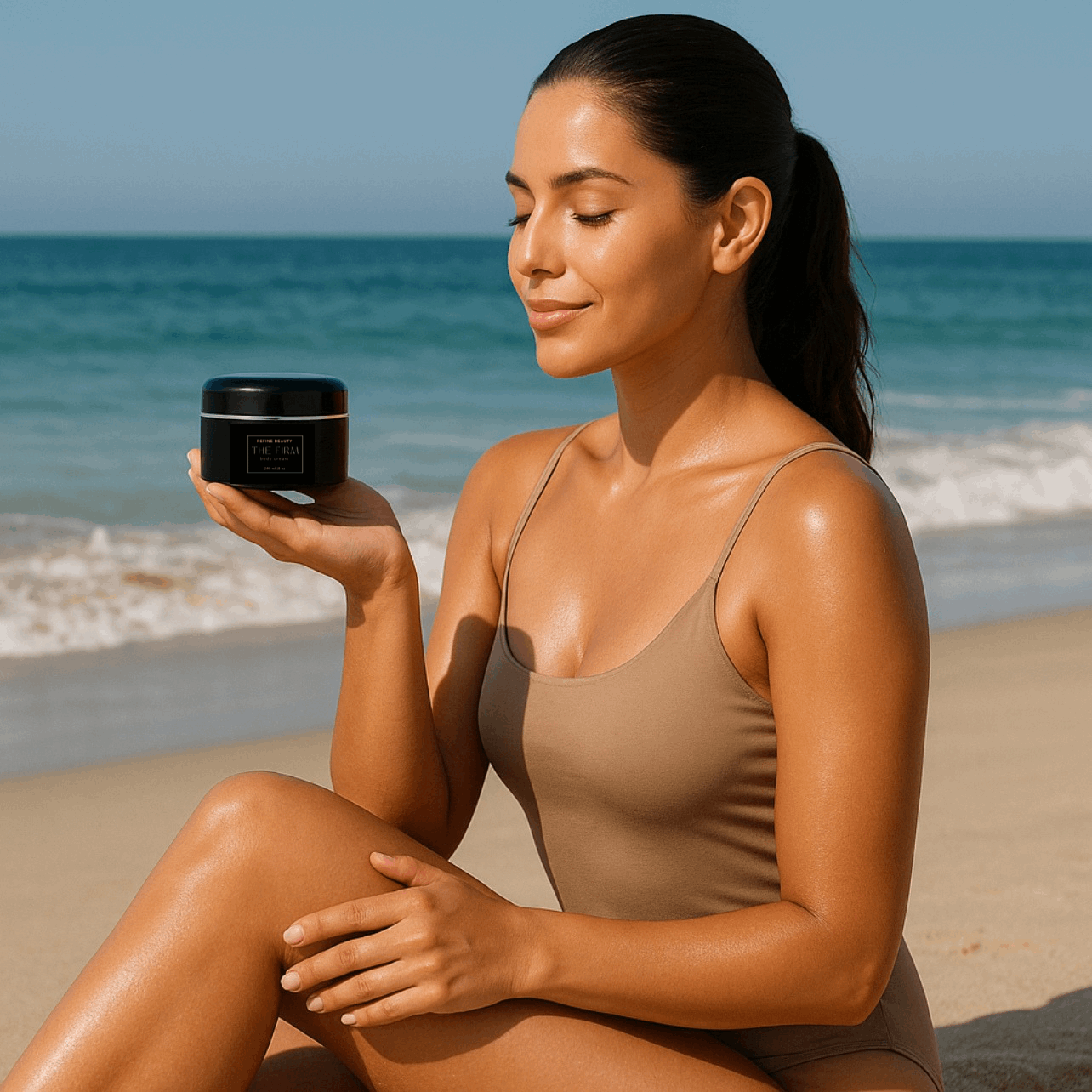 Model on the beach holding REFINE BEAUTY The FIRM Body Cream