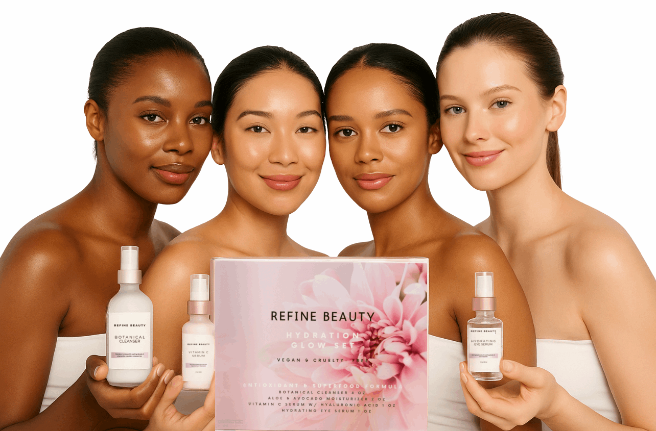 REFINE BEAUTY Limited Edition Hydration Glow Skincare Set being held by 4 models