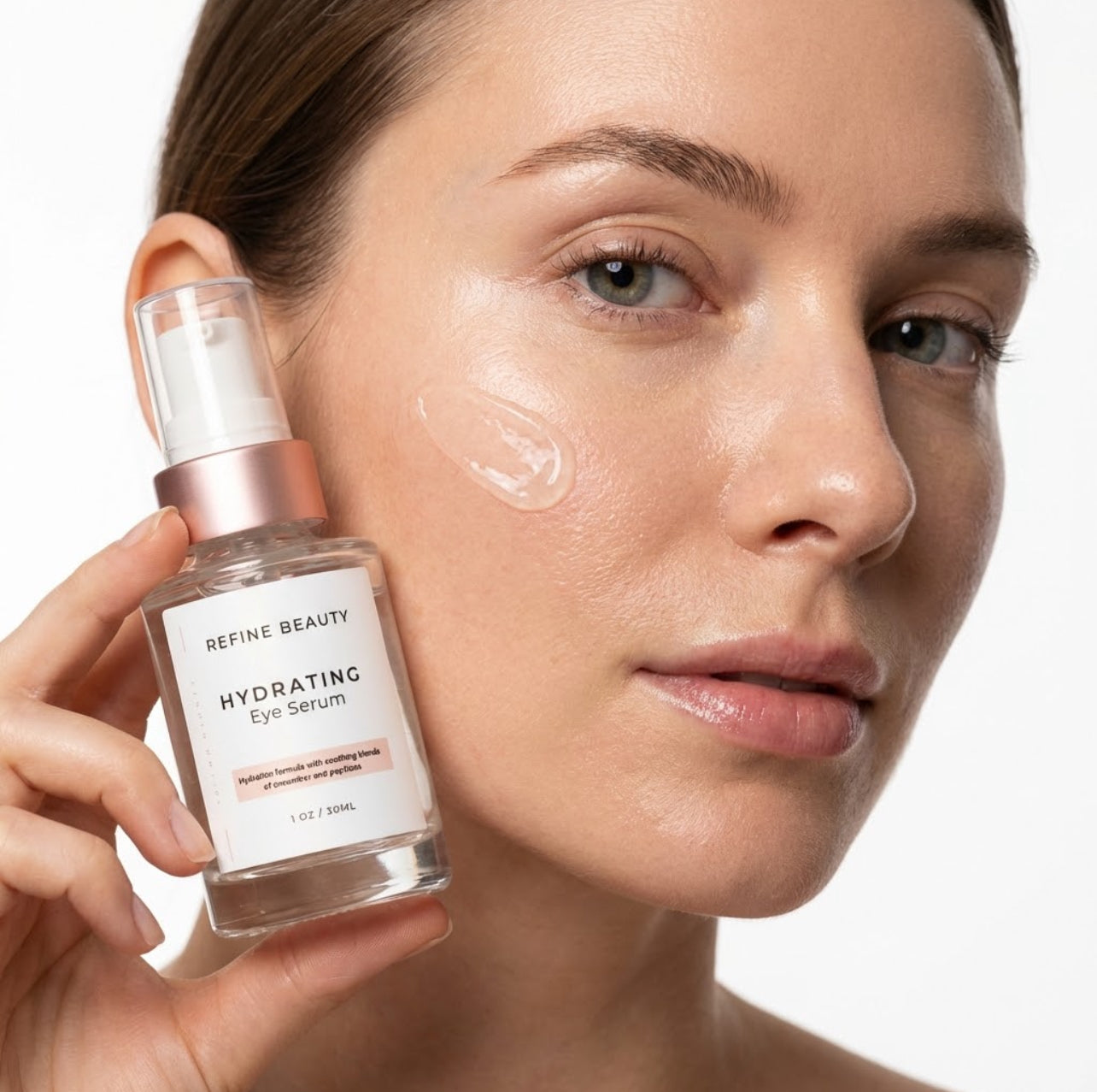 Woman holding a bottle of Refine Beauty Hydrating Eye Serum with product on her face.