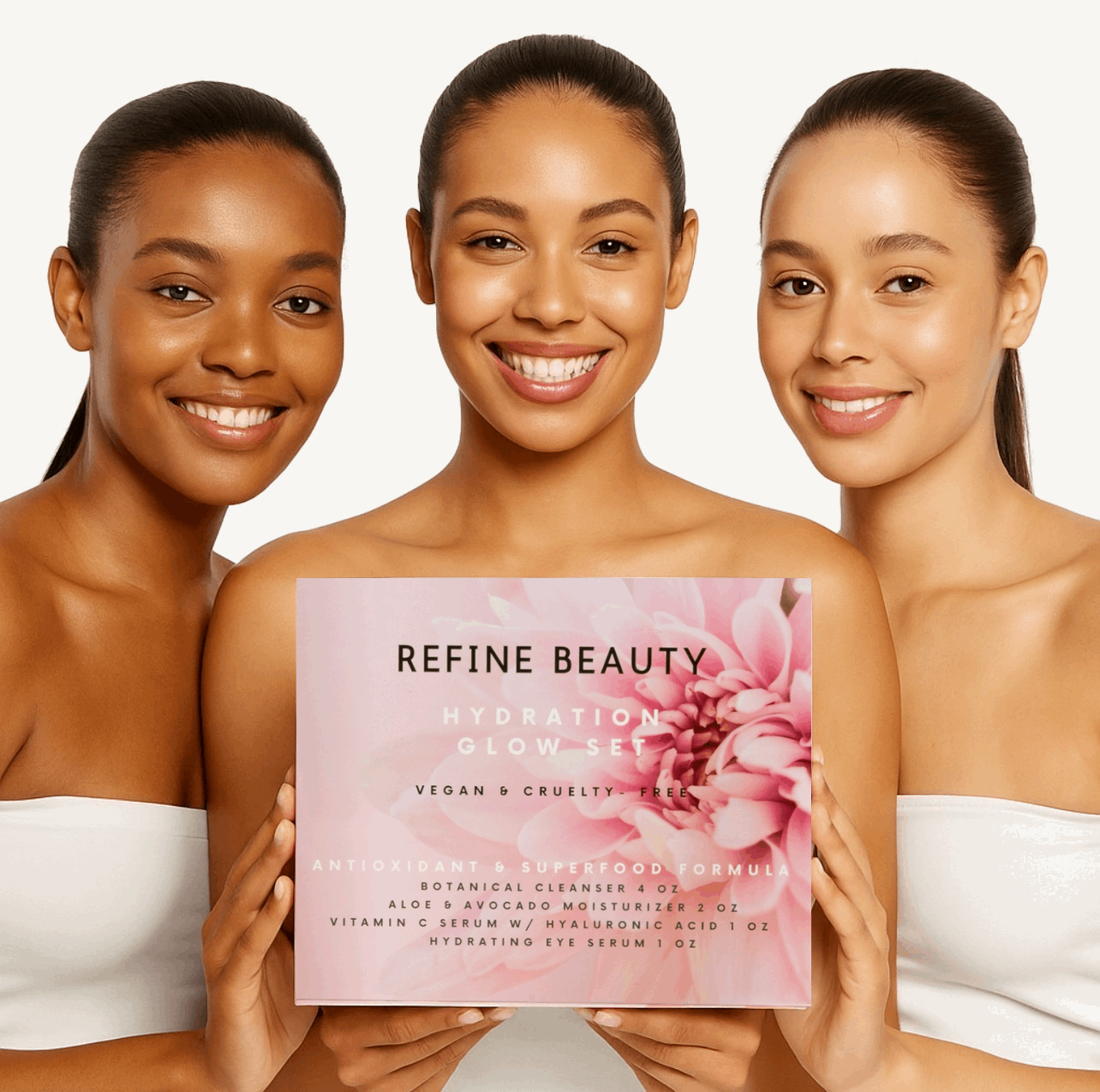 REFINE BEAUTY Limited Edition Hydration Glow Skincare Set being held by 3 models
