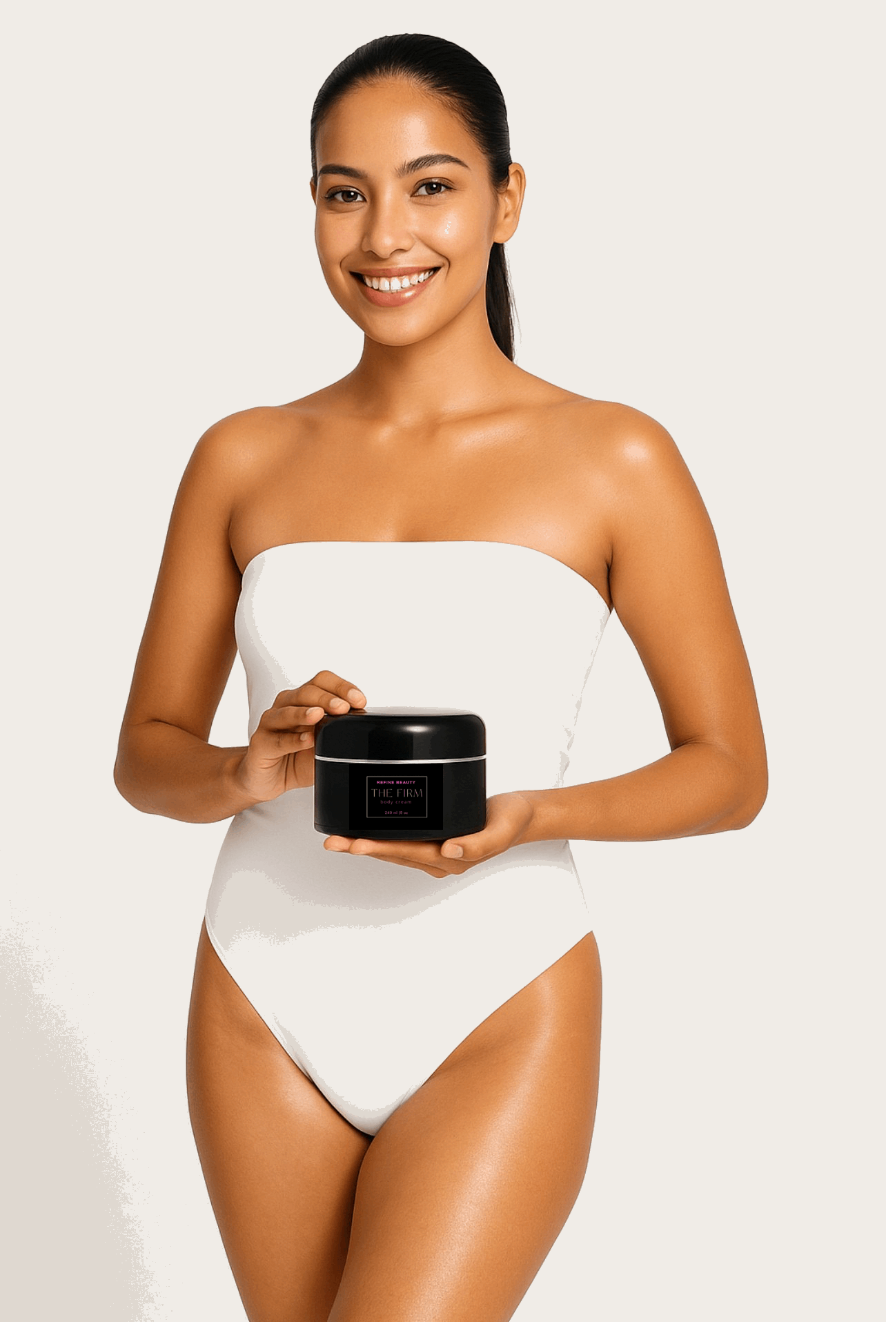 Model wearing white holding REFINE BEAUTY The FIRM Body Cream