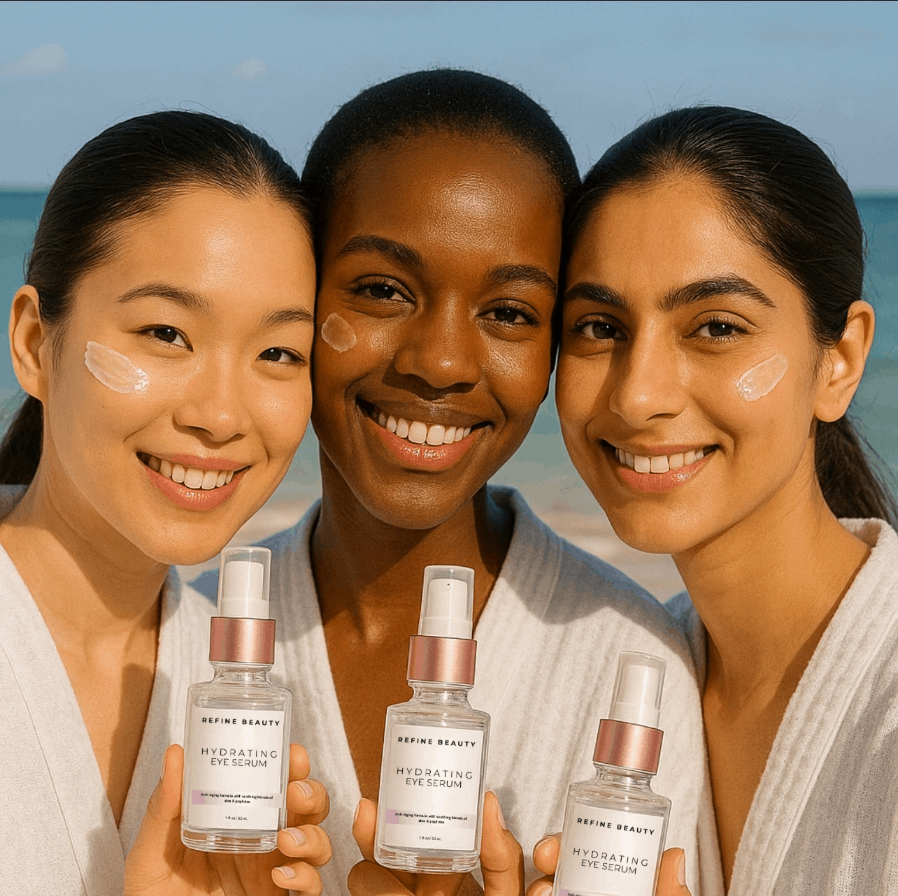 Three models wearing white rubes smiling and holding REFINE BEAUTY Hydrating Eye Serum