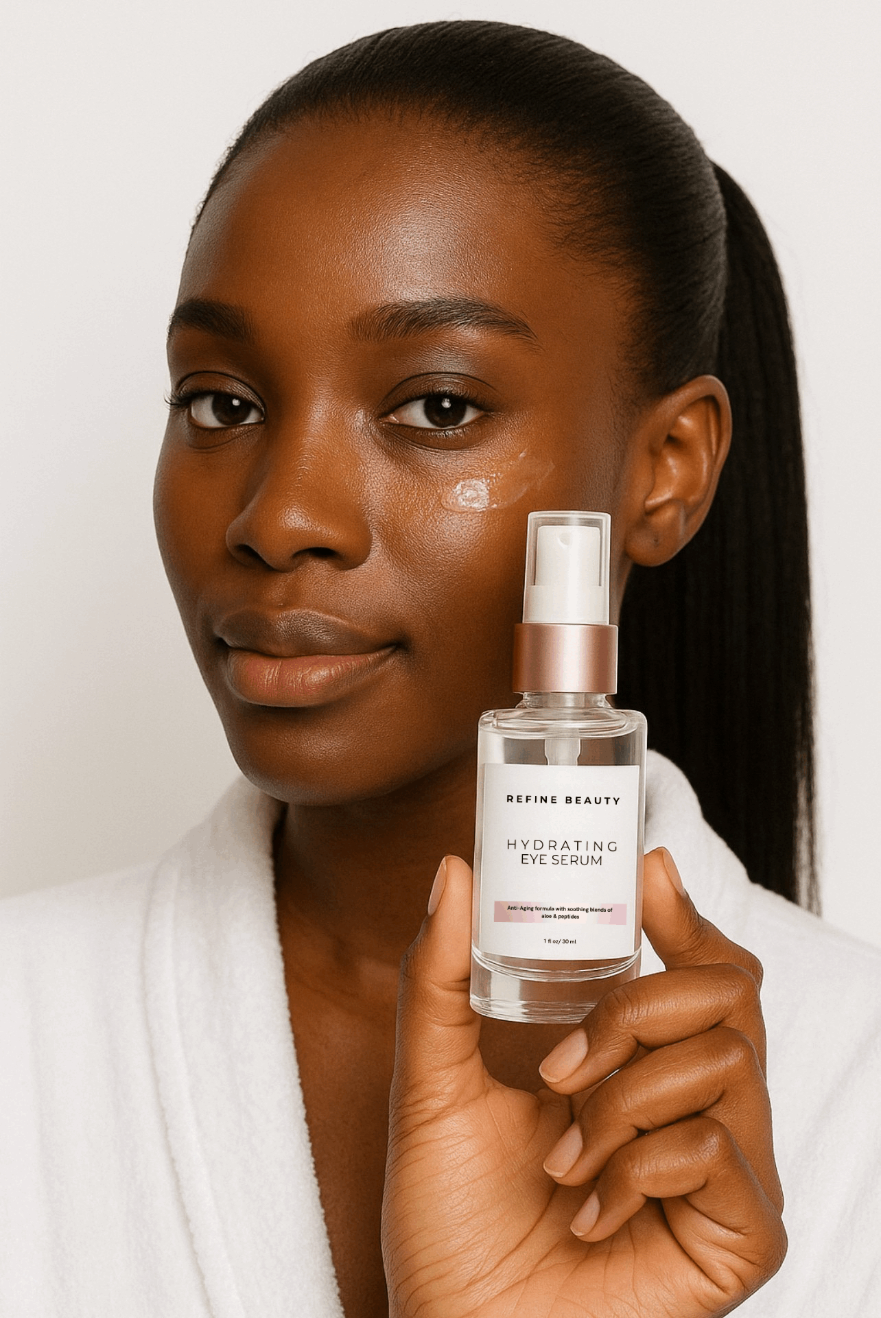 Model holding REFINE BEAUTY Hydrating Eye Serum with a tight ponytail and white robe