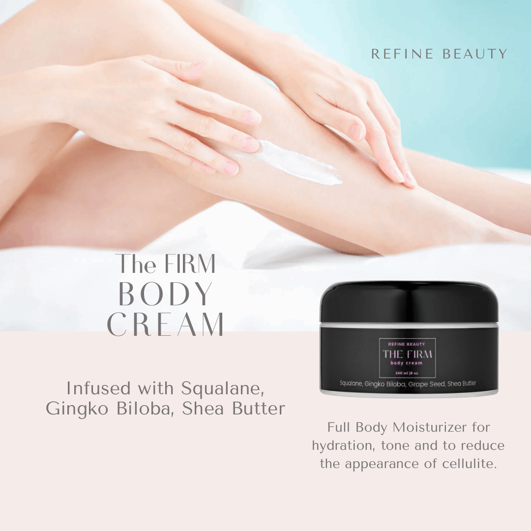 Model with legs applying REFINE BEAUTY The FIRM Body Cream