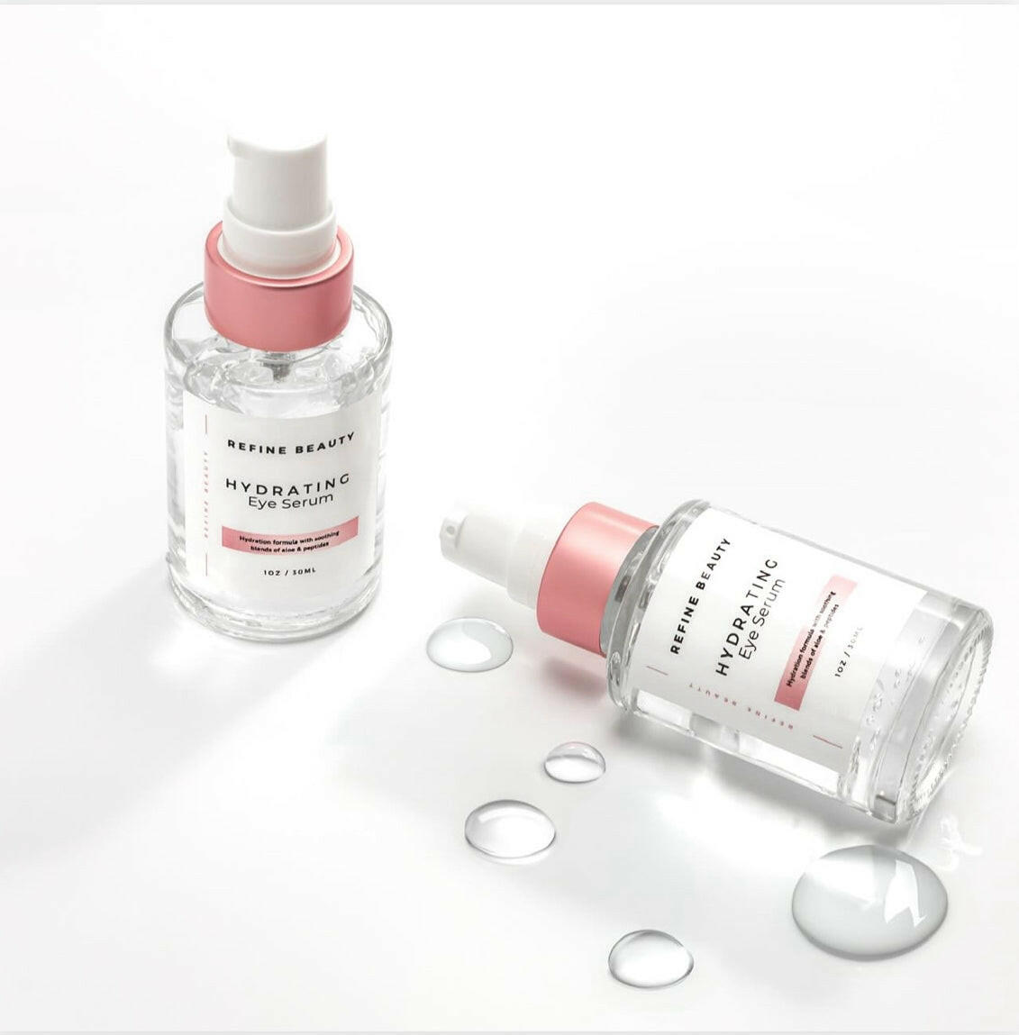 Refine Beauty Hydrating Eye Serum - an oil-free, transparent liquid that reduces dark circles and improves the firmness and tone of the delicate eye area. Our formula utilizes peptides and cucumber to tighten and firm the skin; 2 serums with texture drops