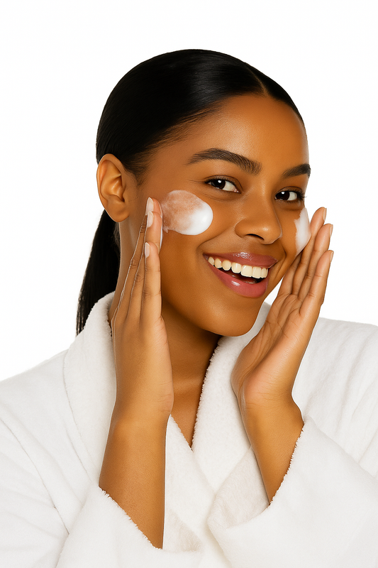Model touching face and using REFINE BEAUTY Aloe & Avocado Moisturizer