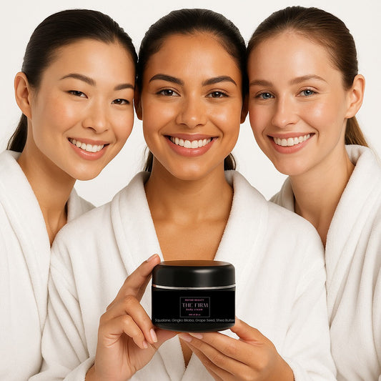 Model holding REFINE BEAUTY The FIRM Body Cream