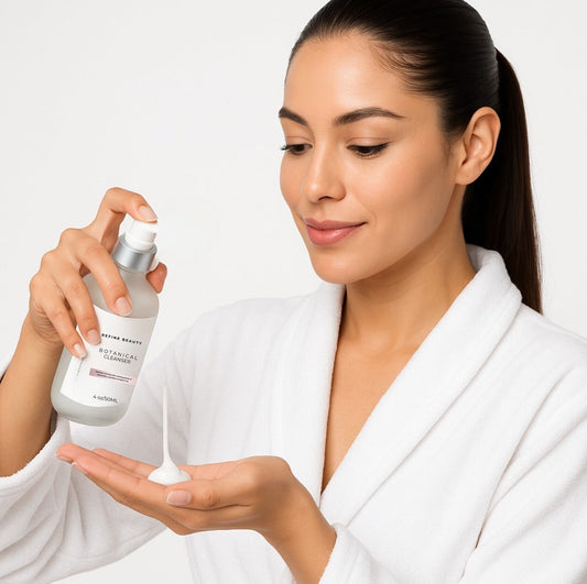 Model holding REFINE BEAUTY Botanical Cleanser