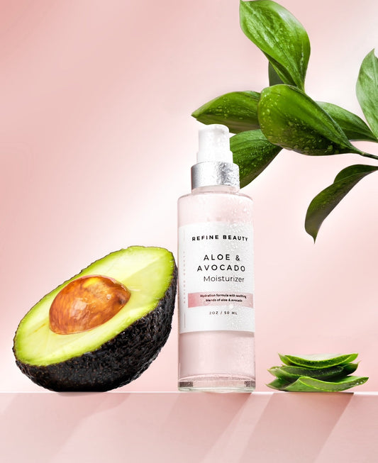 Refine Beauty Aloe & Avocado moisturizer with avocado on a pink background