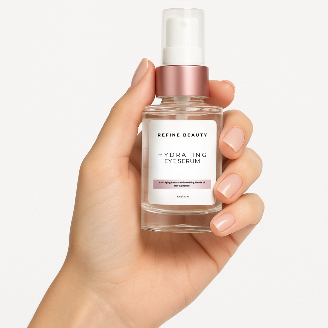Model holding REFINE BEAUTY Hydrating Eye Serum