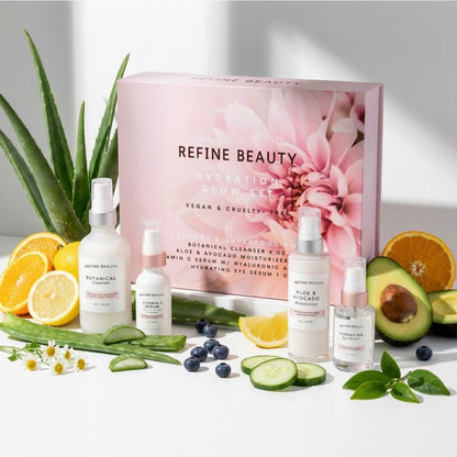 Refine Beauty Hydration GLOW set with a pink box and fresh fruits and vegetables on a white background