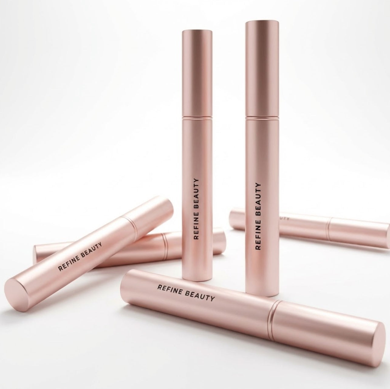 Rose gold Refine Beauty Volume mascara  on a light gray background