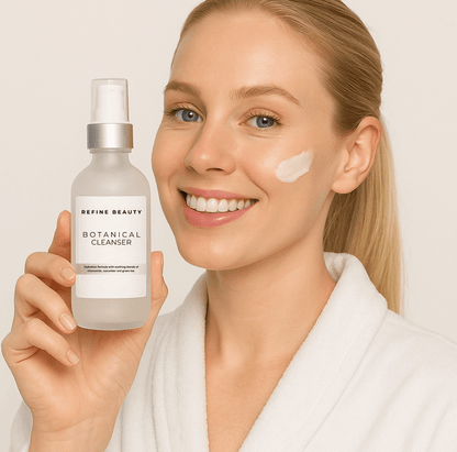 Model smiling and holding REFINE BEAUTY Botanical Cleanser