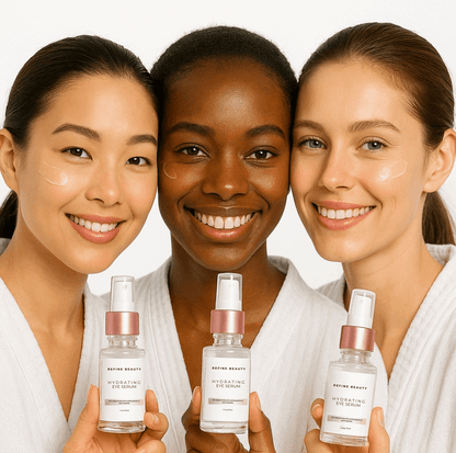 Three models smiling and holding REFINE BEAUTY Hydrating Eye Serum