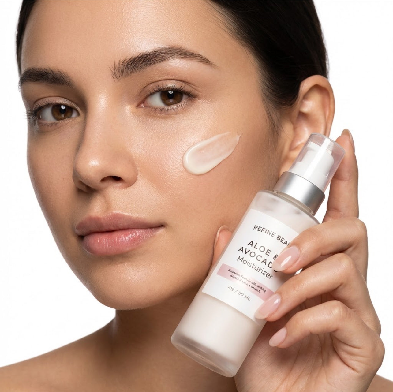 Woman applying Refine Beauty aloe & avocado moisturizer to her face with a bottle of the product.