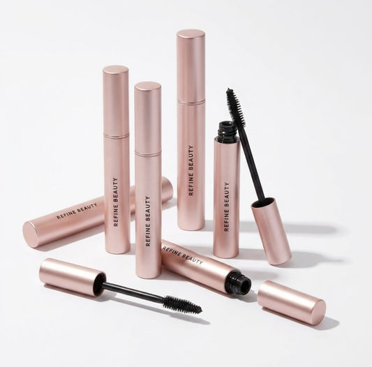 Set of Refine Beauty mascara products on a light background