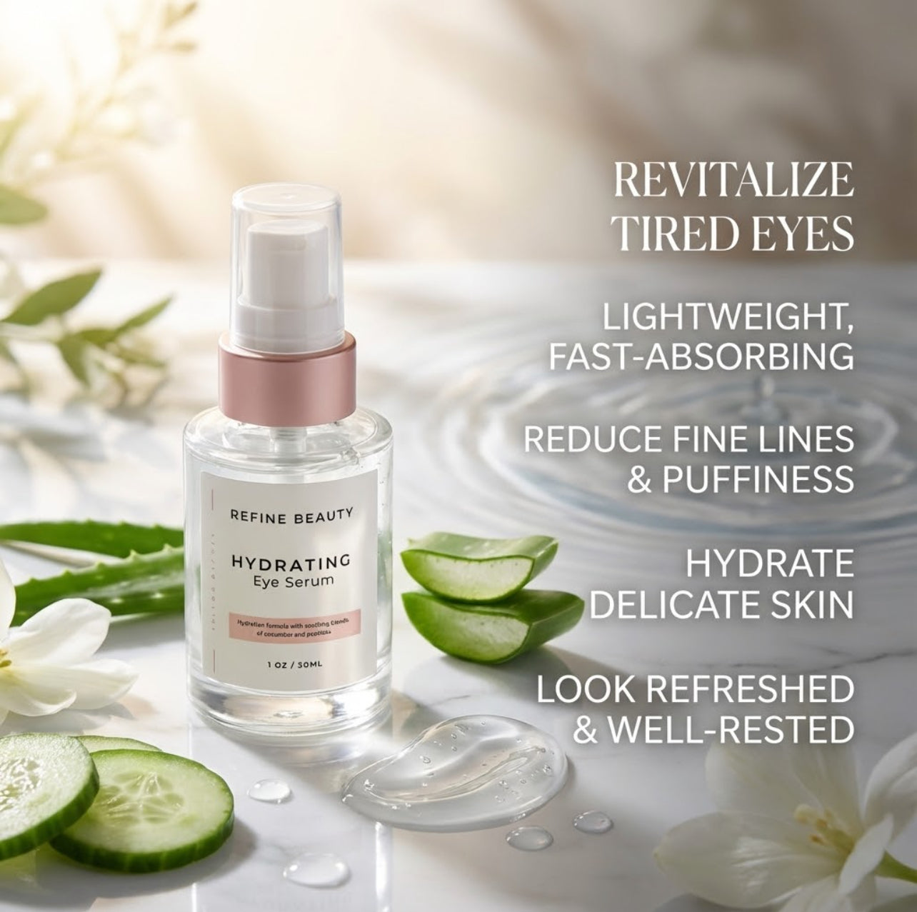 Refine Beauty Hydrating Eye serum bottle with aloe vera slices and cucumbers on a light background