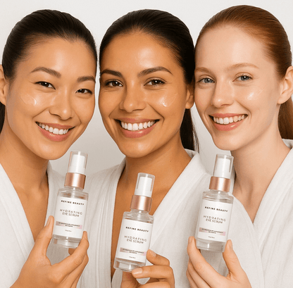 Three models wearing white rubes smiling and holding REFINE BEAUTY Hydrating Eye Serum