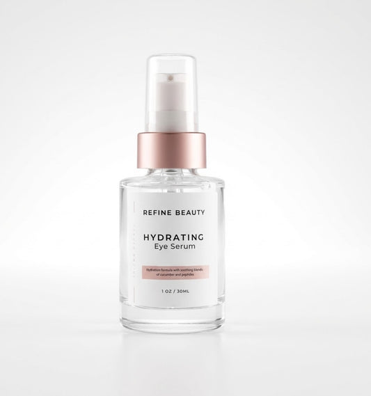 Refine Beauty hydrating eye serum bottle on a white background
