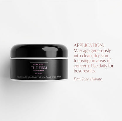 Black jar of Refine Beauty The FIRM Body cream with text on a white background