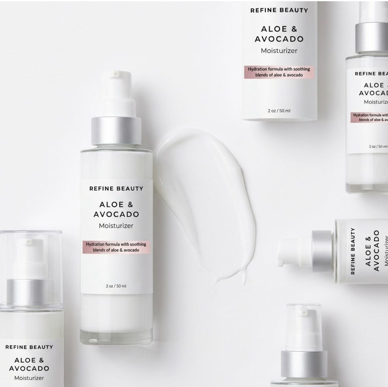 Refine Beauty Aloe & Avocado Moisturizer bottles and packaging on a white background