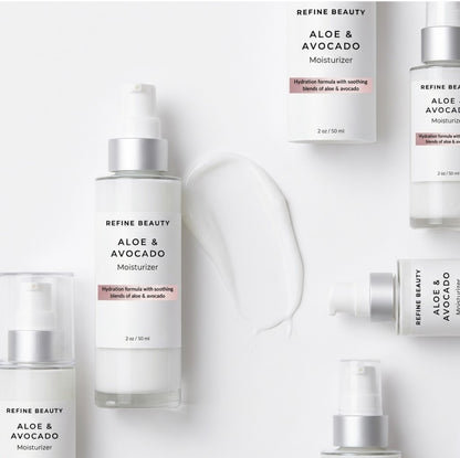 Refine Beauty Aloe & Avocado Moisturizer bottles and packaging on a white background