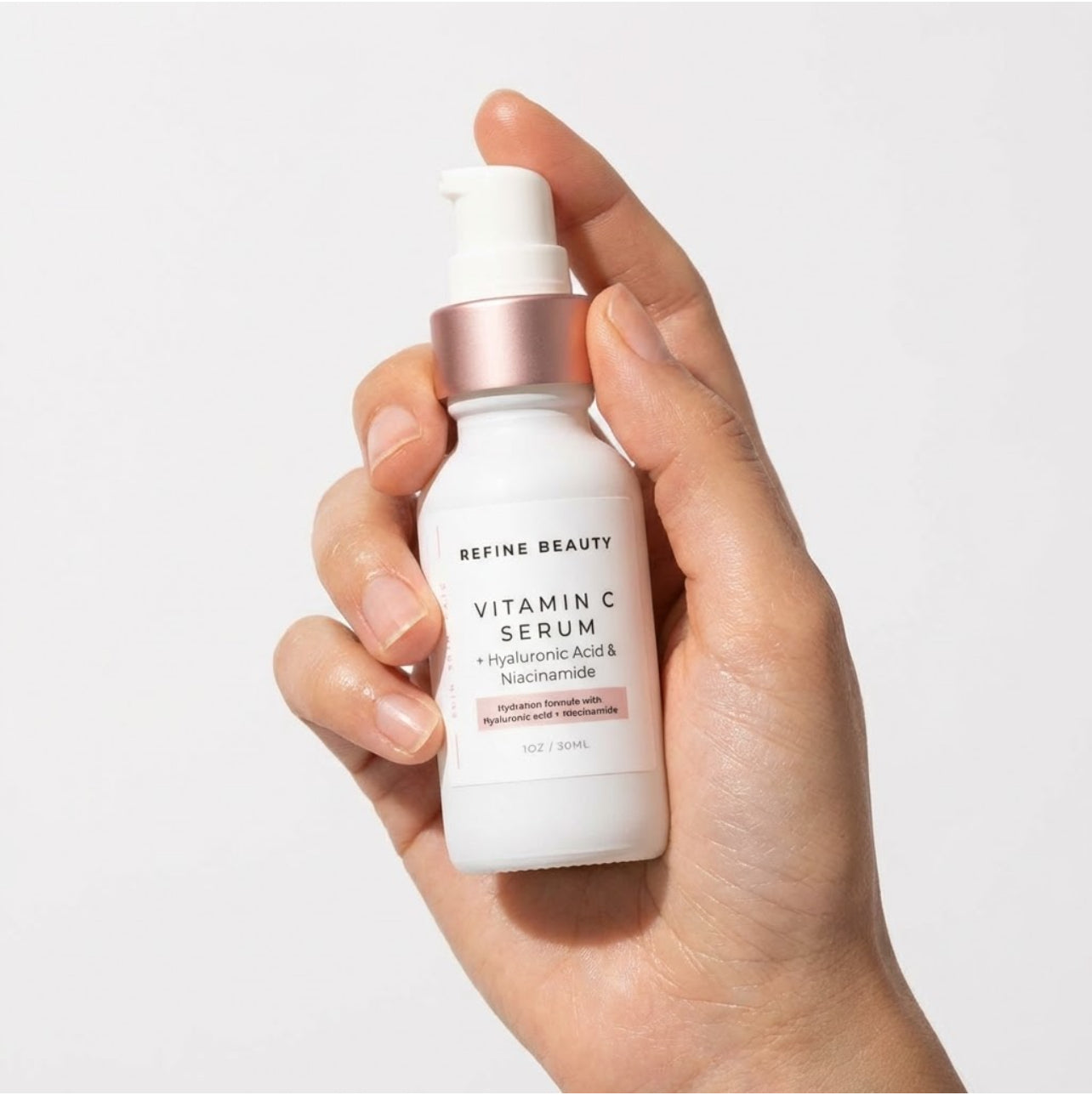 Hand holding a bottle of Refine Beauty Vitamin C Serum against a light background