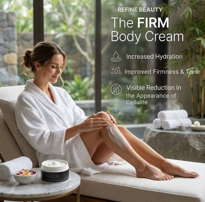 Woman in a white robe applying Refine Beauty The FIRM body cream with product packaging displayed.