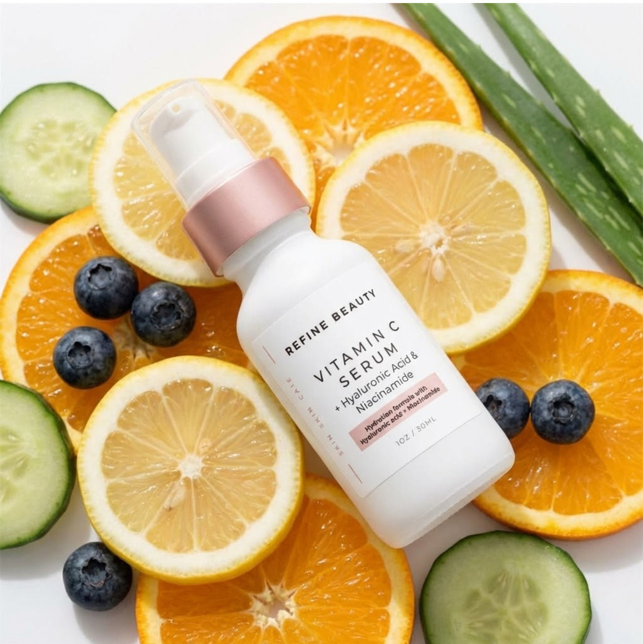 Refine Beauty Vitamin C serum bottle surrounded by sliced oranges, lemons, cucumbers, and blueberries on a white background.