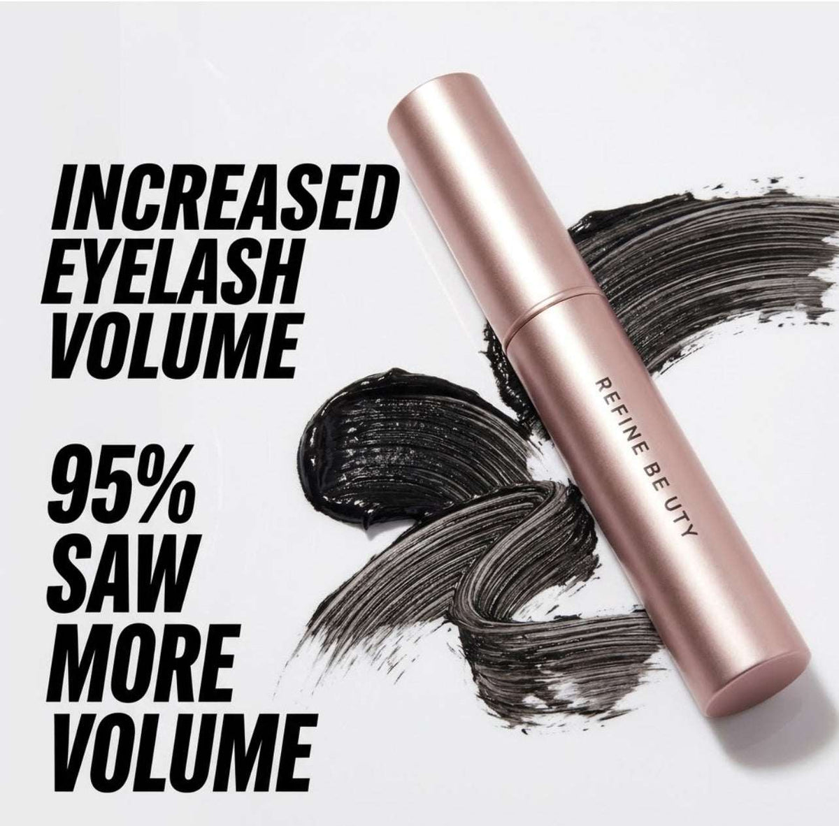 Rose gold Refine Beauty volume mascara with black swatches and text on a light gray background