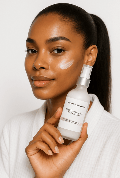 Model holding REFINE BEAUTY Botanical Cleanser