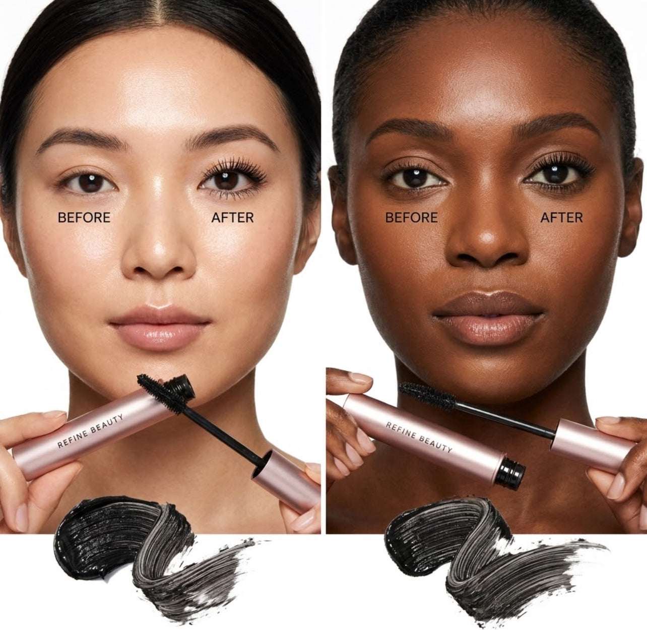 Before and after comparison of Refine Beauty volume mascara application on two different skin tones with the product itself shown.
