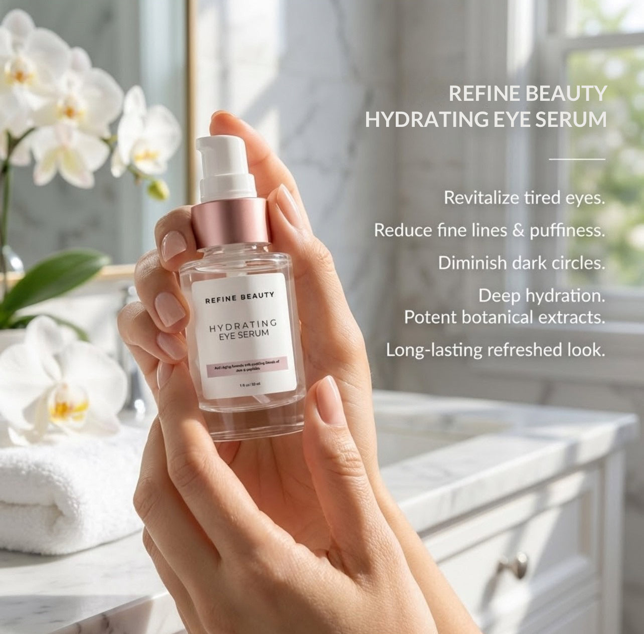 Hand holding a bottle of Refine Beauty Hydrating Eye Serum with a blurred background