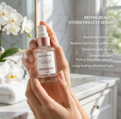 Hand holding a bottle of Refine Beauty Hydrating Eye Serum with a blurred background