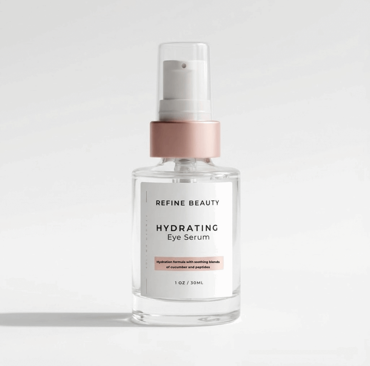 Refine Beauty hydrating eye serum bottle on a light gray background