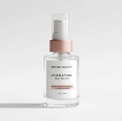 Refine Beauty hydrating eye serum bottle on a light gray background