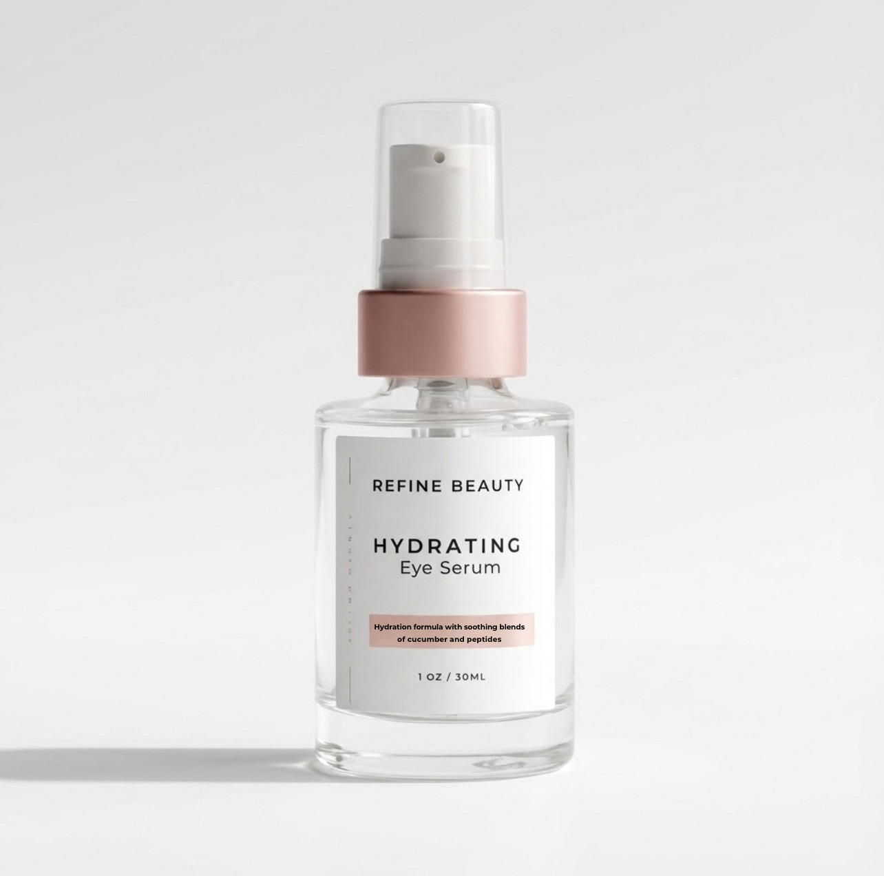 Refine Beauty hydrating eye serum bottle on a light gray background