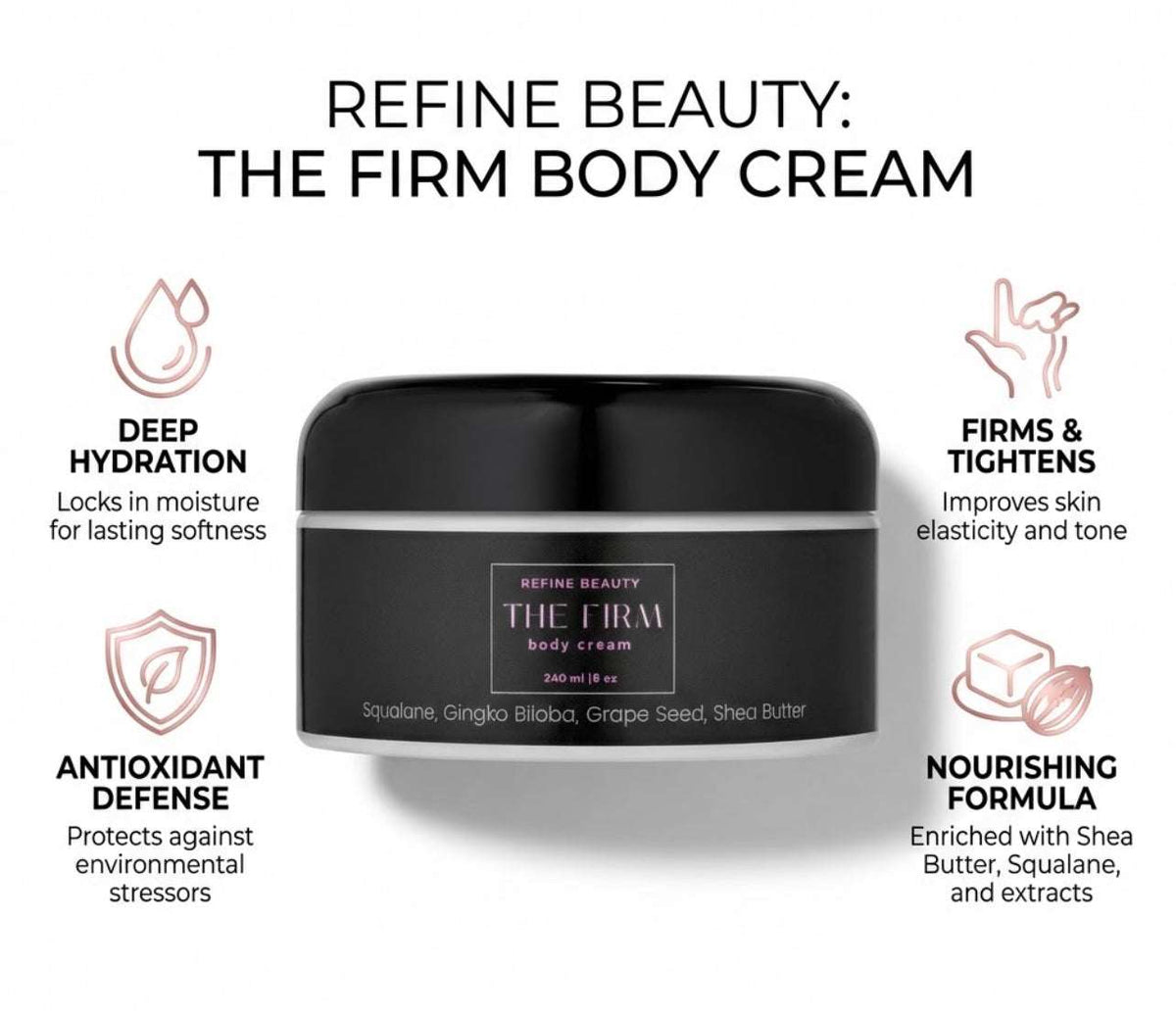 Black jar of Refine Beauty The Firm body cream with benefits listed on a white background