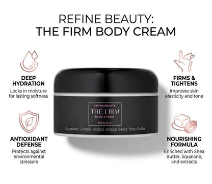 Black jar of Refine Beauty The Firm body cream with benefits listed on a white background