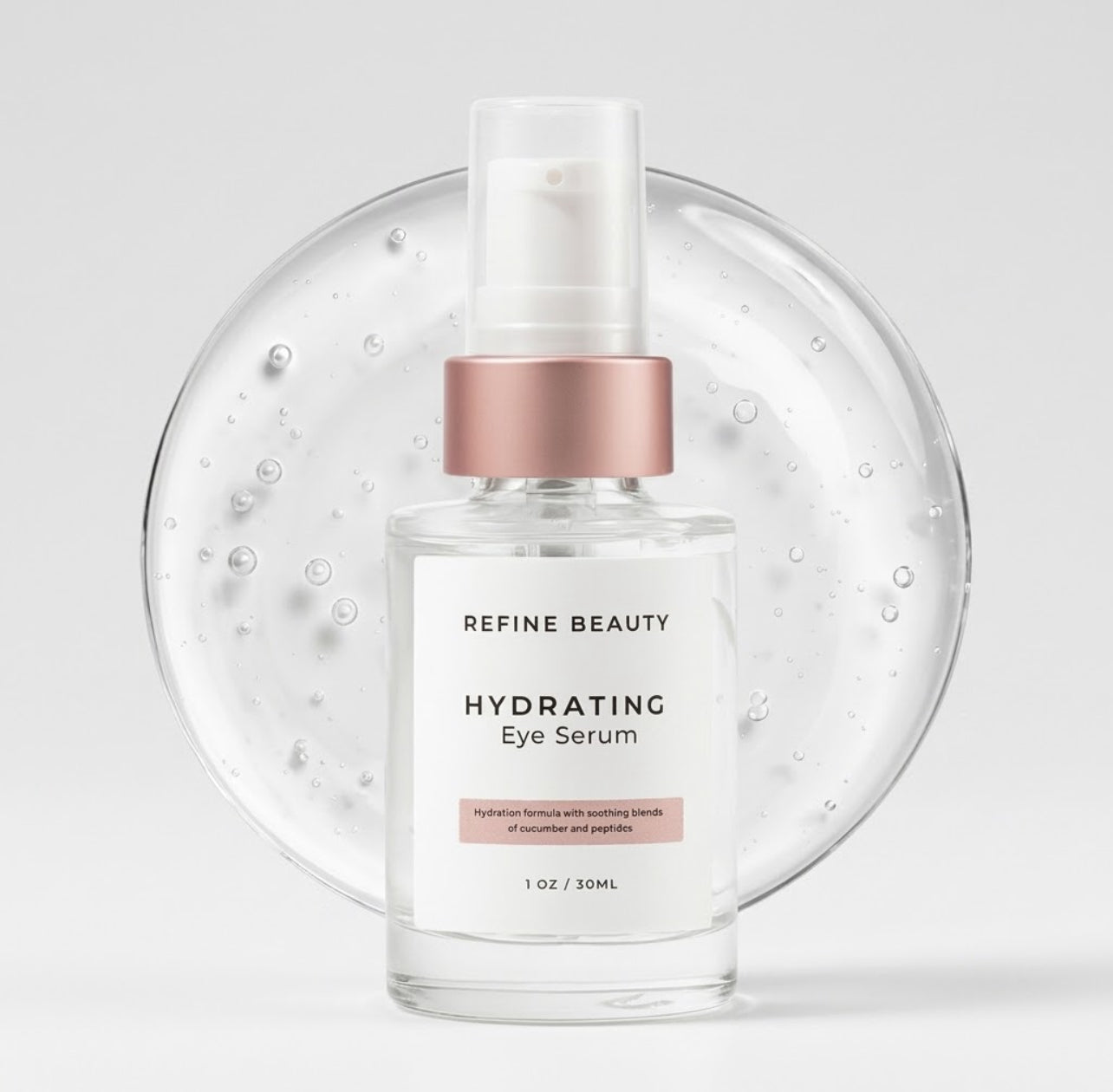 A bottle of Refine Beauty Hydrating Eye Serum with a white label and metallic rose gold collar, set against a clear circular glass bubble on a light gray background.