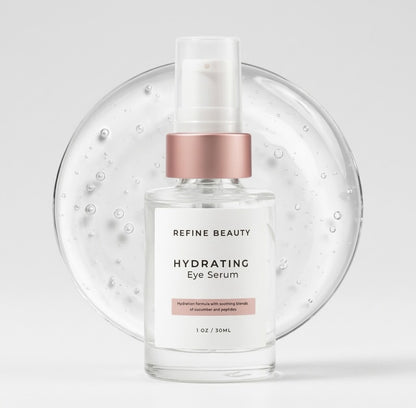 A bottle of Refine Beauty Hydrating Eye Serum with a white label and metallic rose gold collar, set against a clear circular glass bubble on a light gray background.