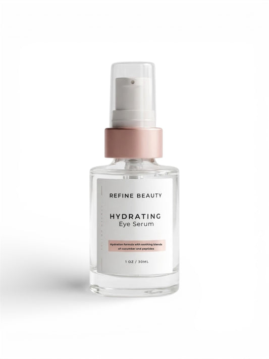 Refine Beauty hydrating eye serum bottle on a white background